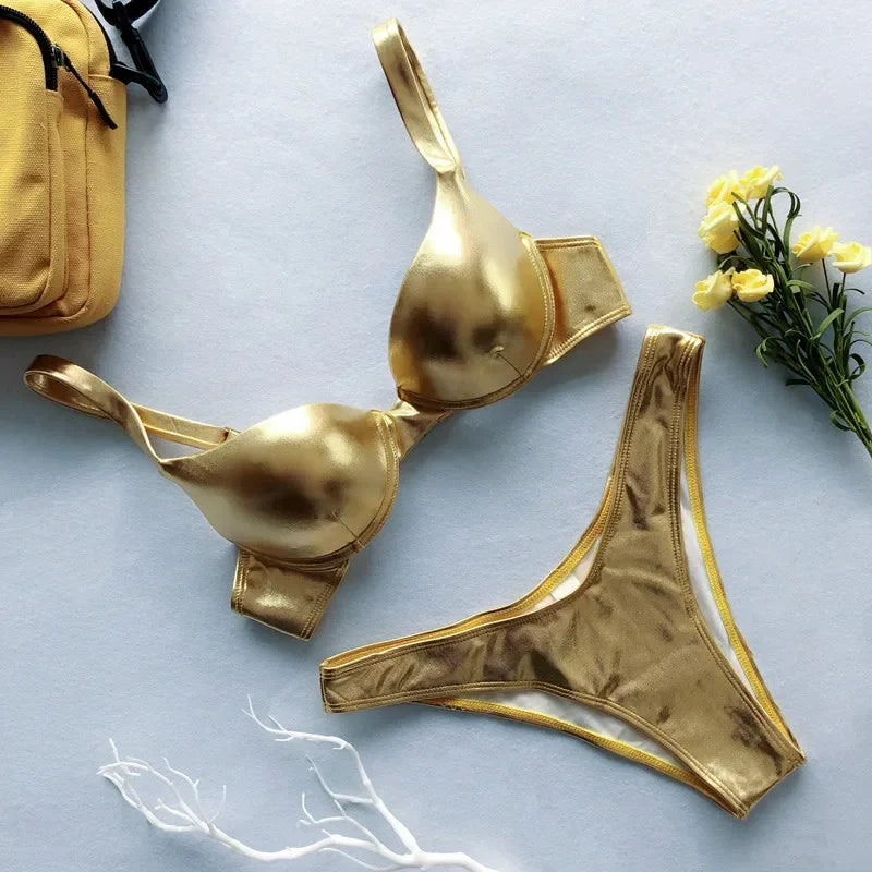 Metallic Summer Push Up Padded Bra Bathing Suit Beach Wear Women Sexy Thong Bikini Set Silver Gold  Biquini Swimwear
