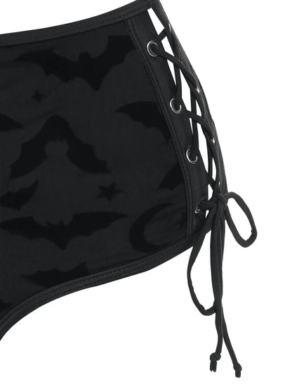 Dressfo Women's Gothic Bikini Swimsuit Bat Crescent Star Print Bathing Suit Cinched Mesh Lace Up Cut Out Swimwear Two Piece Set