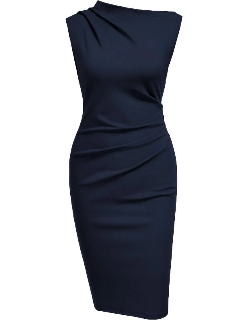 Women Sleeveless Ruched Vintage Slim Work Office Cocktail Party Knee Length Sheath Bodycon Pencil Slim Dress