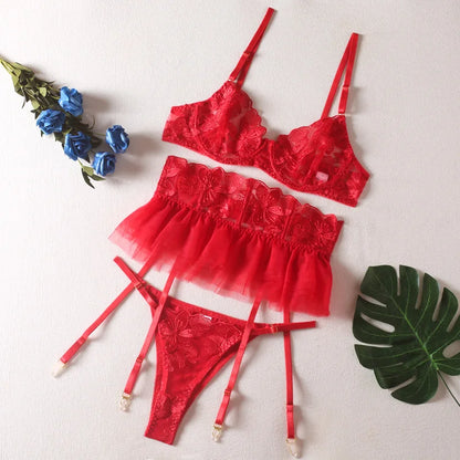 Yimunancy Lace Bra Set Women Transparent Mesh Patchwork Sexy Lingerie Set Floral Garter Brief Underwear Set