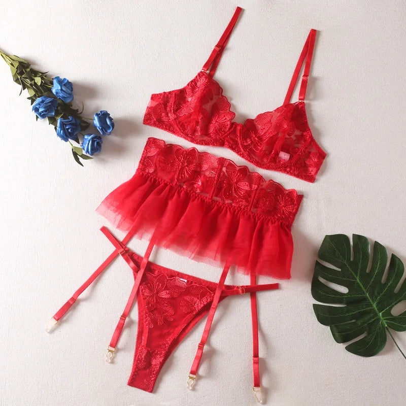 Yimunancy Lace Bra Set Women Transparent Mesh Patchwork Sexy Lingerie Set Floral Garter Brief Underwear Set