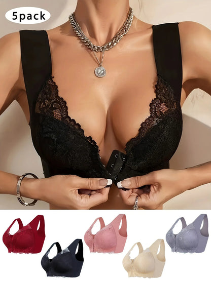 5 Pack Sexy Deep V Wireless Push-Up Lace Bras Front Closure Everyday Lingerie with Non-Removable Padding T-shirt Bras