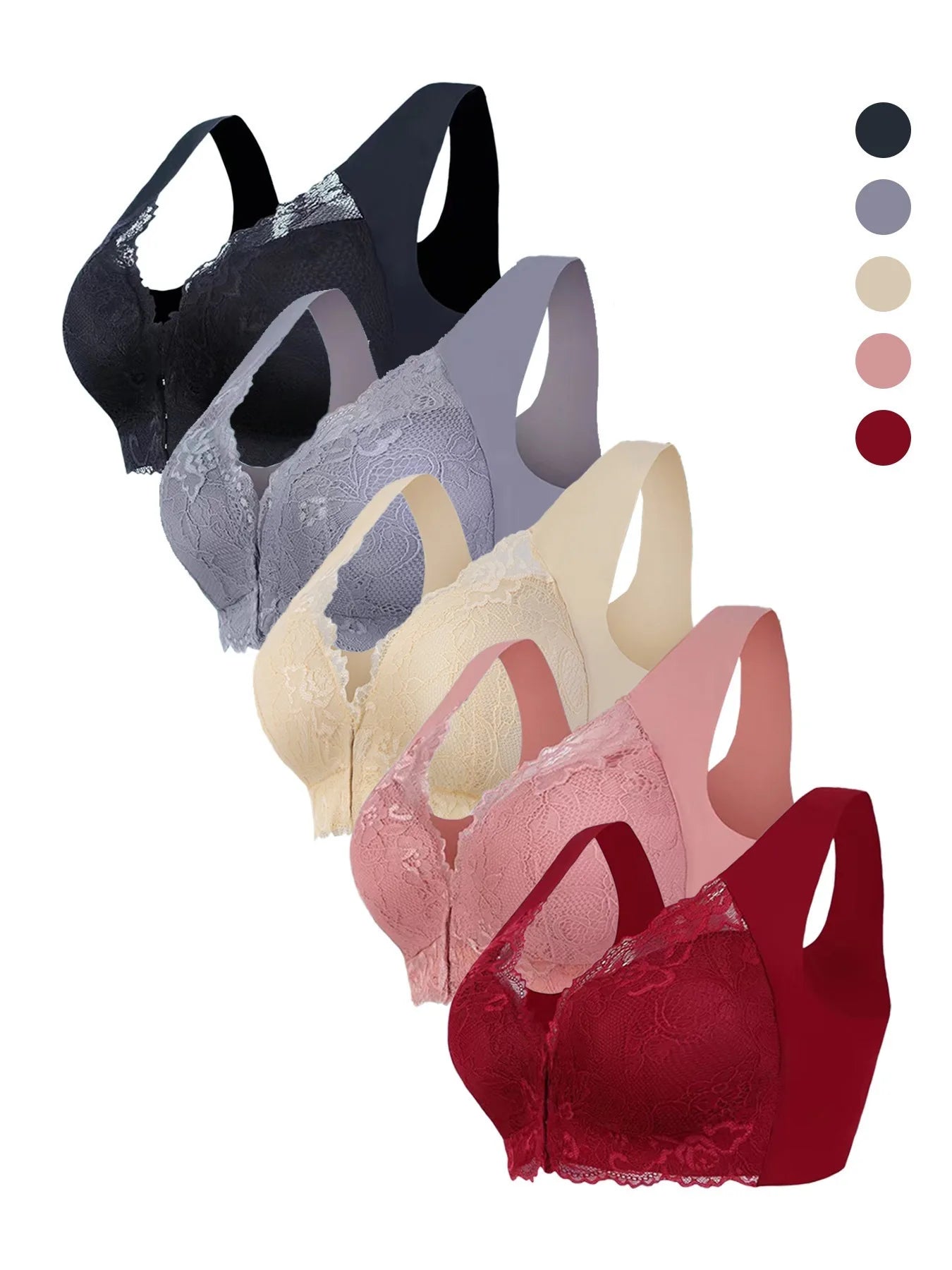 5 Pack Sexy Deep V Wireless Push-Up Lace Bras Front Closure Everyday Lingerie with Non-Removable Padding T-shirt Bras