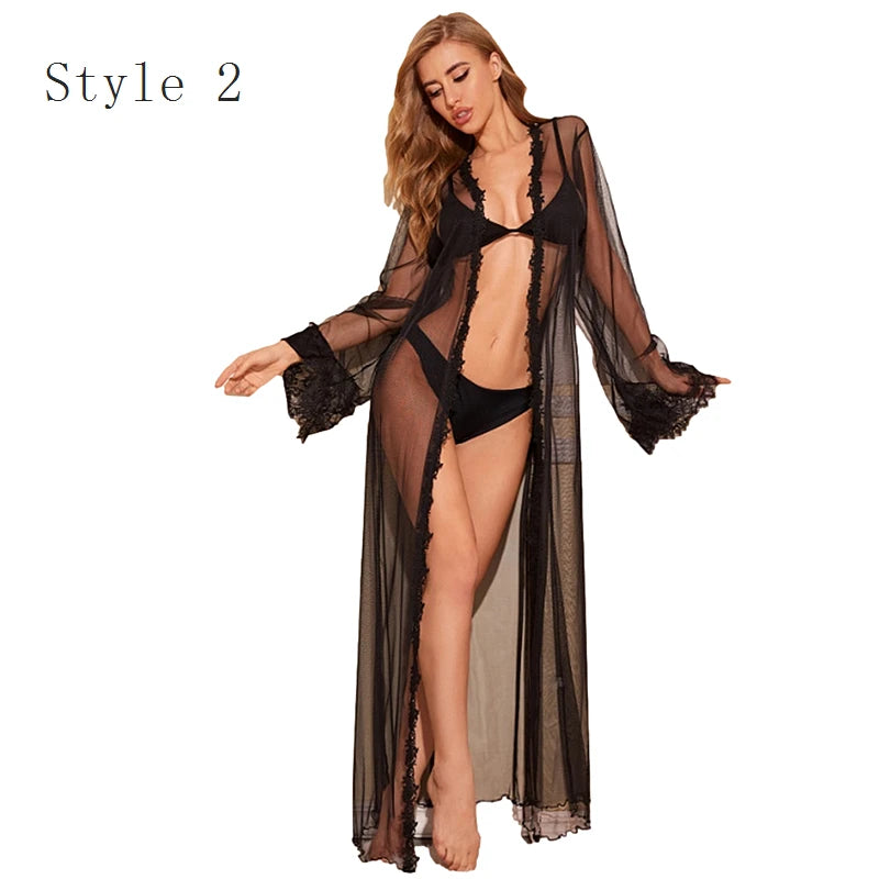 5 Color Women Sexy Lace Wedding Bride Robes Bridesmaid Gowns Sheer Kimono Bathrobe Femme Long Sleeve Nightgowns Nightdress