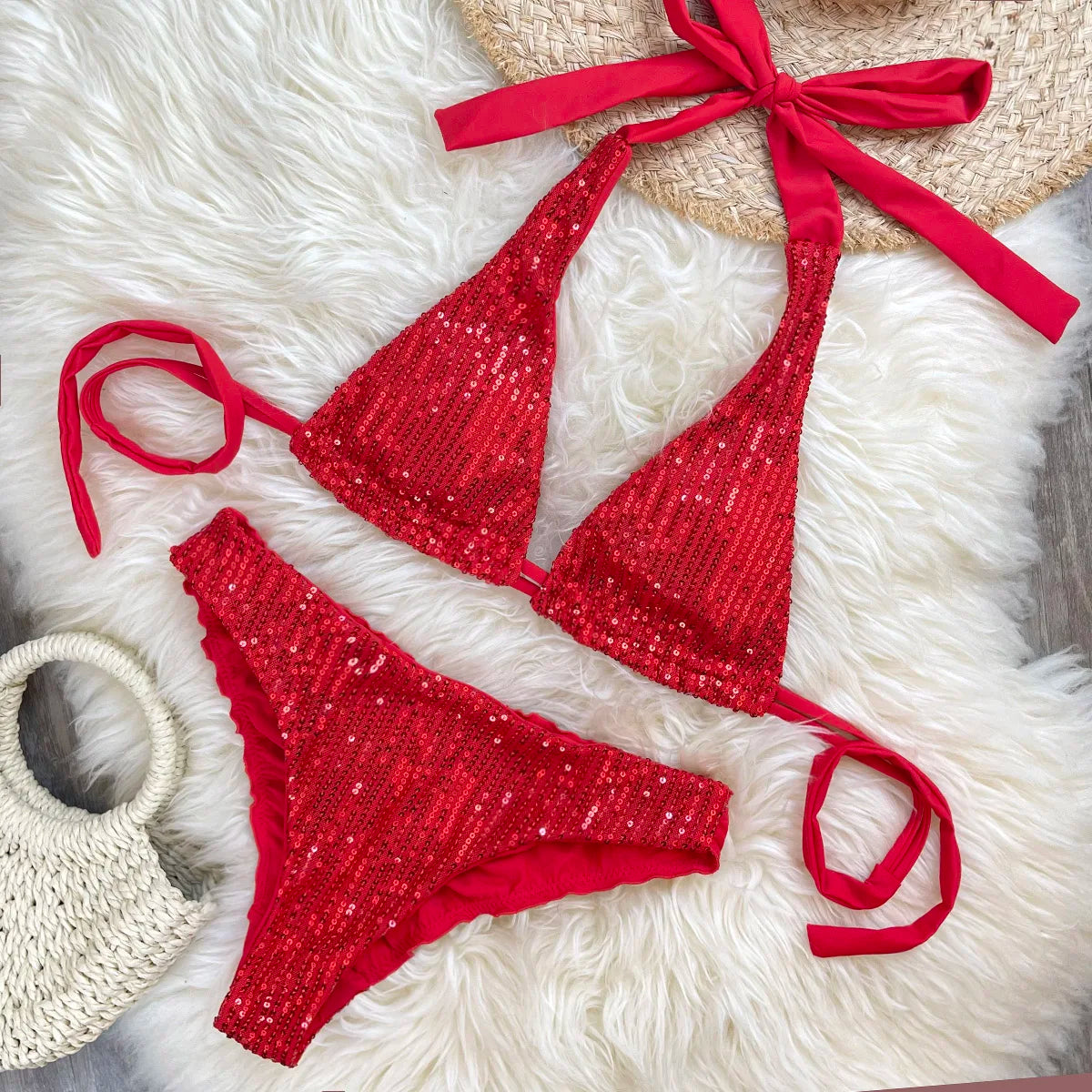 Melphieer Women's Sequins Sparkle Bikini Set Strappy Bandage Ruching Bum Two Piece Swimsuit for Beach Pool Club Holiday Outfits
