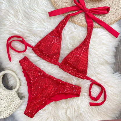 Melphieer Women's Sequins Sparkle Bikini Set Strappy Bandage Ruching Bum Two Piece Swimsuit for Beach Pool Club Holiday Outfits