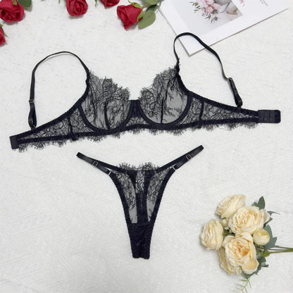 White Sheer Lace Lingerie Set Women Sexy Underwire Push-up Bra Thong Set Floral Pattern Thin Straps Romantic Elegant Underwear