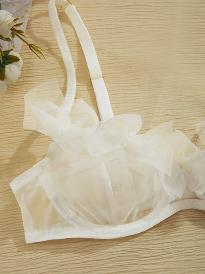 Sexy Lingerie Tulle Bowknot Bra Set Women See Through Lingerie Romantic Bilizna Set Three-Point Intimate Outfit Sexy Underwear