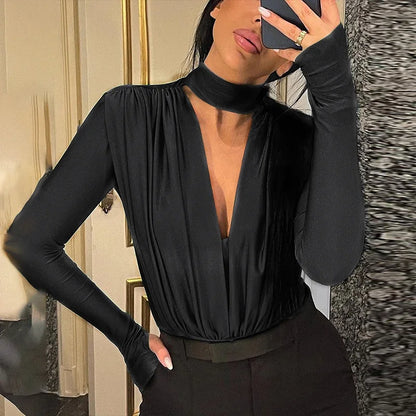 BornToGirl Sexy Slim Bodysuit Women Elegant Black Red Green Long Sleeve V Neck One Pieces Bodysuits Jumpsuit Tops Body Suit Y2K