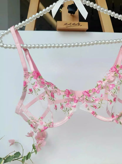YUQI French Style Luxury Lingerie-Floral Embroidery Black Sheer Bra Set, Sensual Women's Intimates Elegant Transparent Underwear