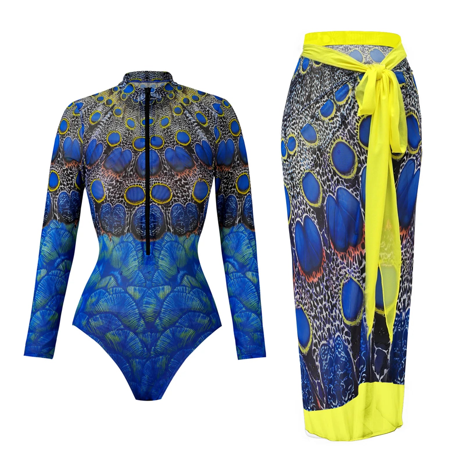 Vintage Mesh Print Swimming Suit for Women Long Sleeve High Waist One Piece Swimsuit 2025 Beach Bathing Suit Купальник