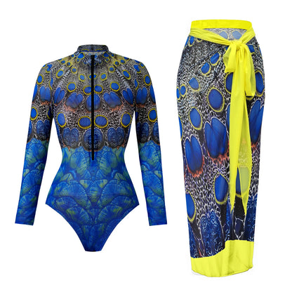 Vintage Mesh Print Swimming Suit for Women Long Sleeve High Waist One Piece Swimsuit 2025 Beach Bathing Suit Купальник