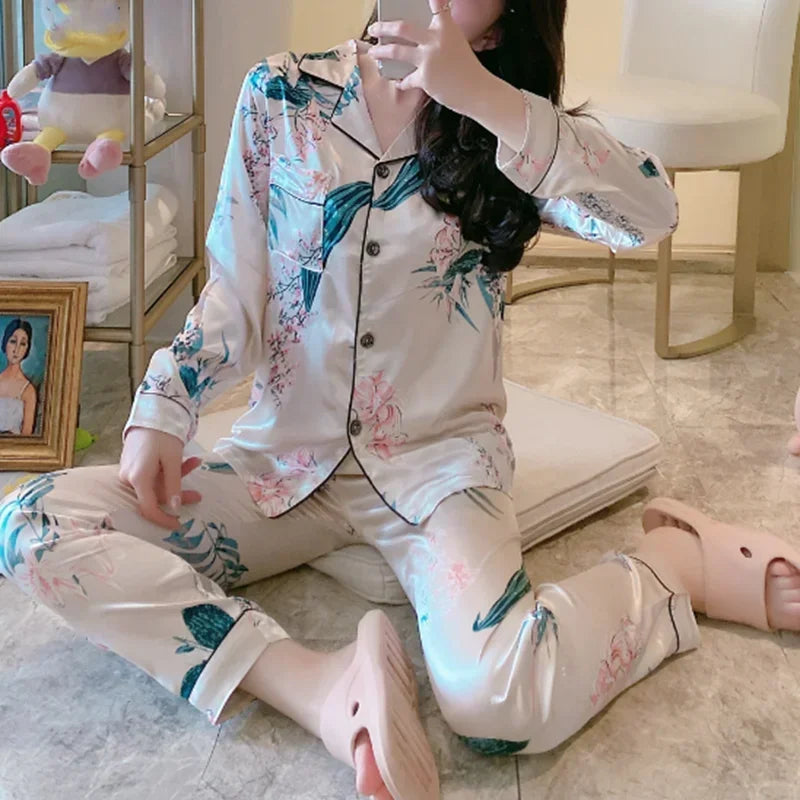 2025 Satin Silk Pajamas Set Women Cartoon Printed Full Sleeve Sleepwear Pijamas Suit Homewear 2 Pieces Loungewear Pjs Plus Size
