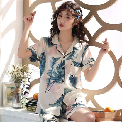 Satin Silk Pajamas Set for Women Cartoon Print Turn-down Collar Short Sleeve Top+Long Pants Matching Sets Homewear Plus Size 5XL