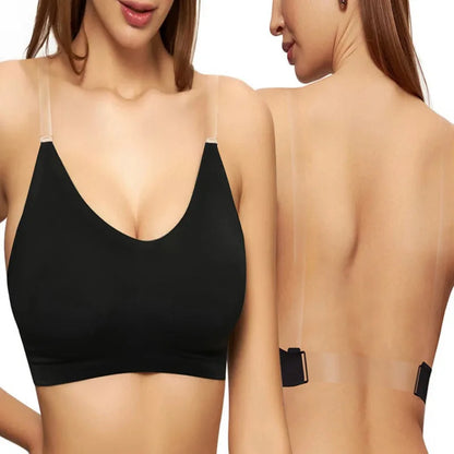 Women's Wireless Seamless Daily Bra,backless Bra with Transparent Shoulder Straps,U-shaped Thin Semi Fixed Cupback Bra,underwear