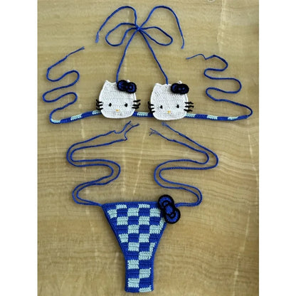 Sanrio Cute Bikini Set Crochet Girls Swimsuit Hello Kitty Sexy Bathing Suit Kwaii Women Swim Suit Bandage Micro Bikinis Swimwear