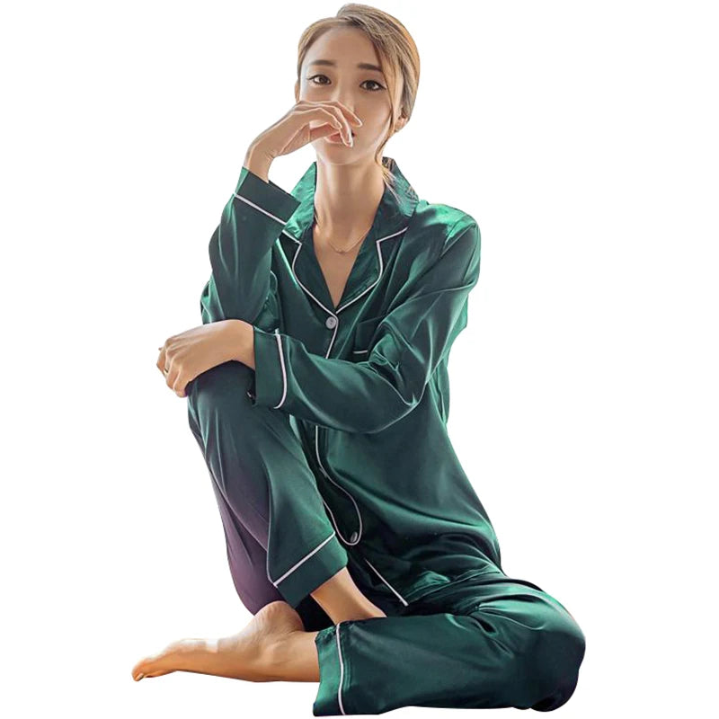 Womens Silk Satin Pajamas Pyjamas Set Long Sleeve Sleepwear Pijama Pajamas Suit Female Sleep Two Piece Set Loungewear Plus Size