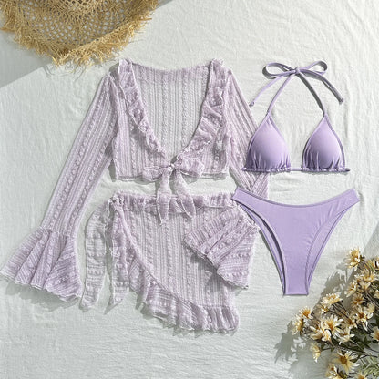 2025 new lace mesh four-piece swimsuit split bikini swimsuit