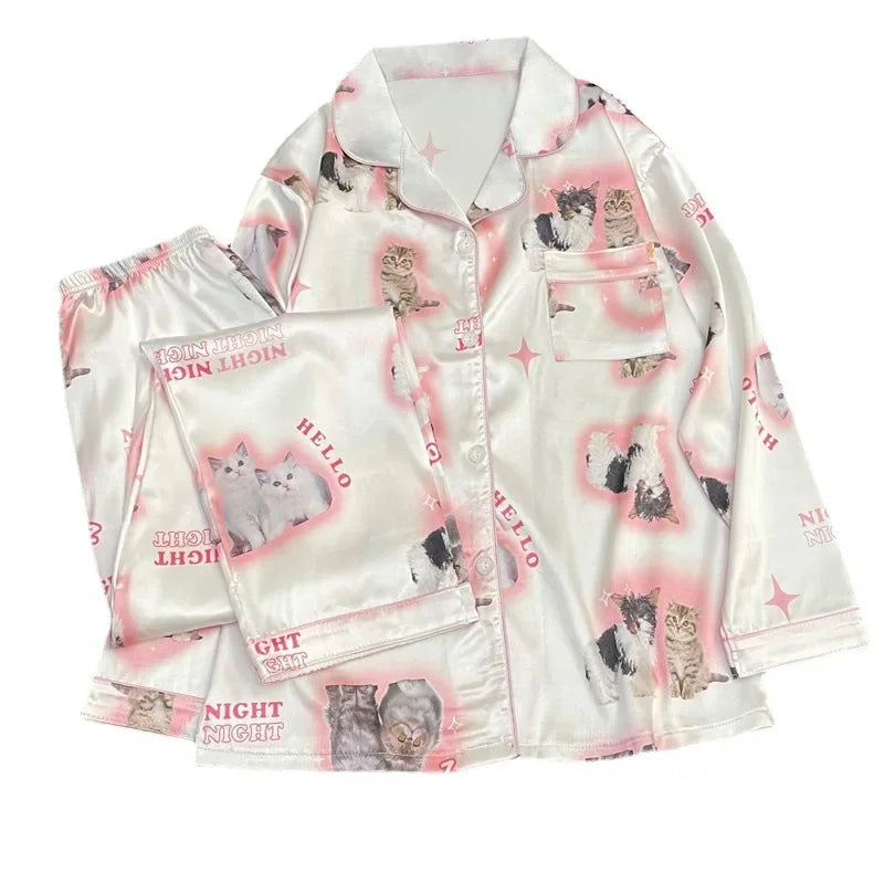 Kawaii Youth Girl's Satin Homewear Short Long Fashion Pyjama Cute Cat Print Summer New Thin Pajamas for Women Silk Home Set