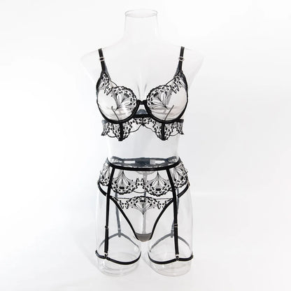 Krasapt Luxury Mesh Embroidered Lingerie Sets Fancy Lace Diamonds Bra And Panty Garter 4pcs Sensual Transparent Lingerie Outfits