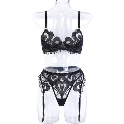 Tornova Sexy 3-piece Lace Underwear for Women Solid Color Mesh Embroidery Patchwork See-through Women's Garters Lingerie Suit