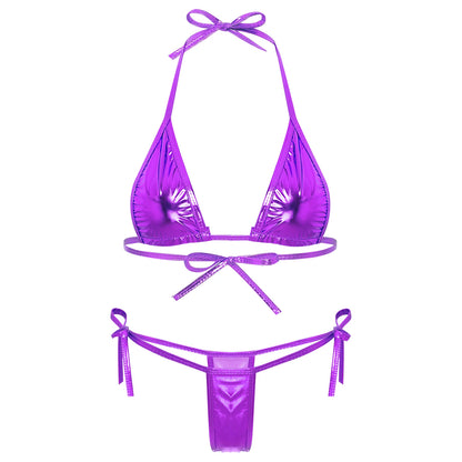 Womens Brazilian Micro Bikini Swimsuit Metallic Shiny Lacing Non-Padded Triangle Cup Bra Top with G-String Swimwear Biquini Set