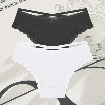 2PCS Cotton Panties for Women Sexy Lace Brazilian Briefs Female Low-Waist Cross Webbing Underpants Stretch Breathable Intimates