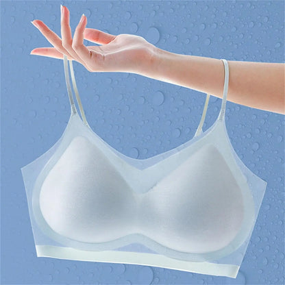 Ultra-thin Ice Silk Padded Bra Seamless Underwear Women's Thin Section Sling Beautiful Back Vest Tops Big Chest Small Sleep Bra