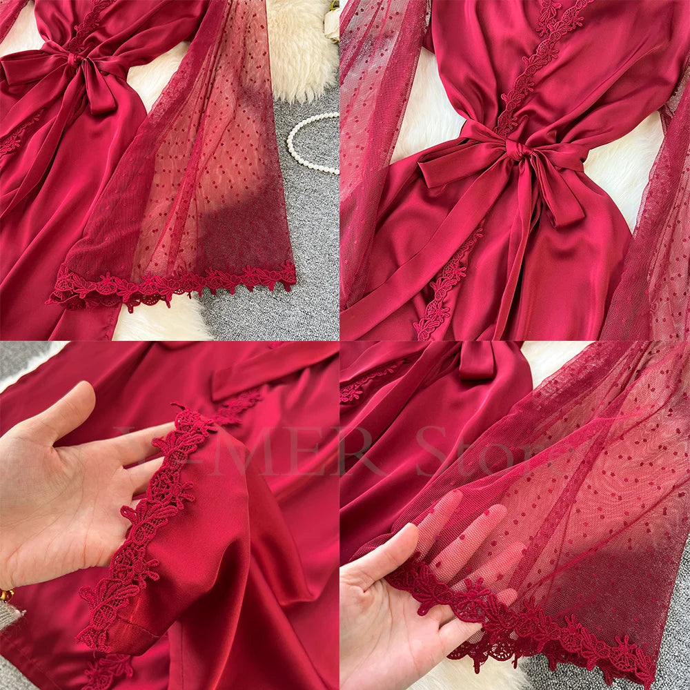 Sexy Embroider Edge Lady Kimono Bathrobe Dress Gown Mesh Sleeve Wedding Long Robe Sleepwear Loose Silk Satin Nightwear Lingerie