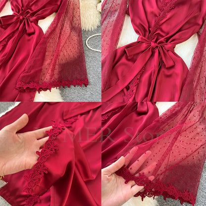 Sexy Embroider Edge Lady Kimono Bathrobe Dress Gown Mesh Sleeve Wedding Long Robe Sleepwear Loose Silk Satin Nightwear Lingerie