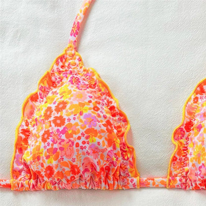 Orange Floral Print Halter String Triangle Bikini Ruched Edge Sexy Swimsuit Women 2026 Holiday Swimwear Bathing Suit Bikinis Set