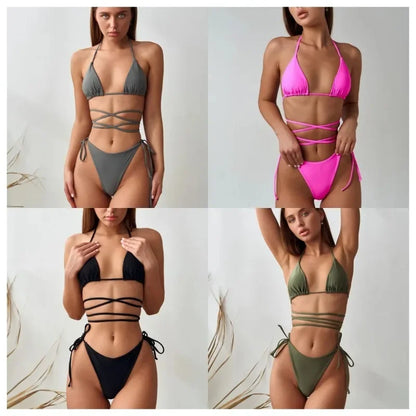 Sexy Women's Strappy Bikini Solid Color Beach European American Style Fashionable Swimsuit for Women Summer Fashion Beach Style