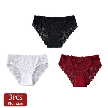 3PCS Plus-Size Women's Underwear Elegant Lace Floral Trimmed Panties Ladies Solid Color Hollow Sexy Briefs Lingerie Hot Sales