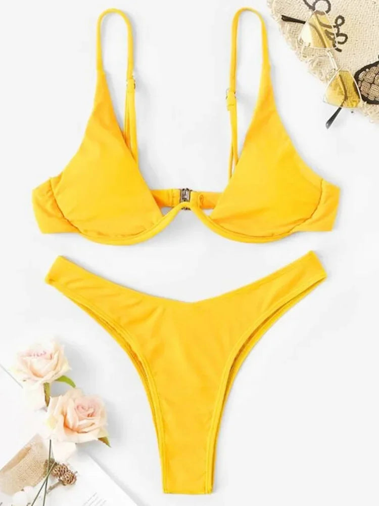Sexy Neon V-bar Underwired Bikini 2025 Female Ribbed Swimsuit Women Thong Swimwear Two-pieces Bikini set Push up Bathing Suit
