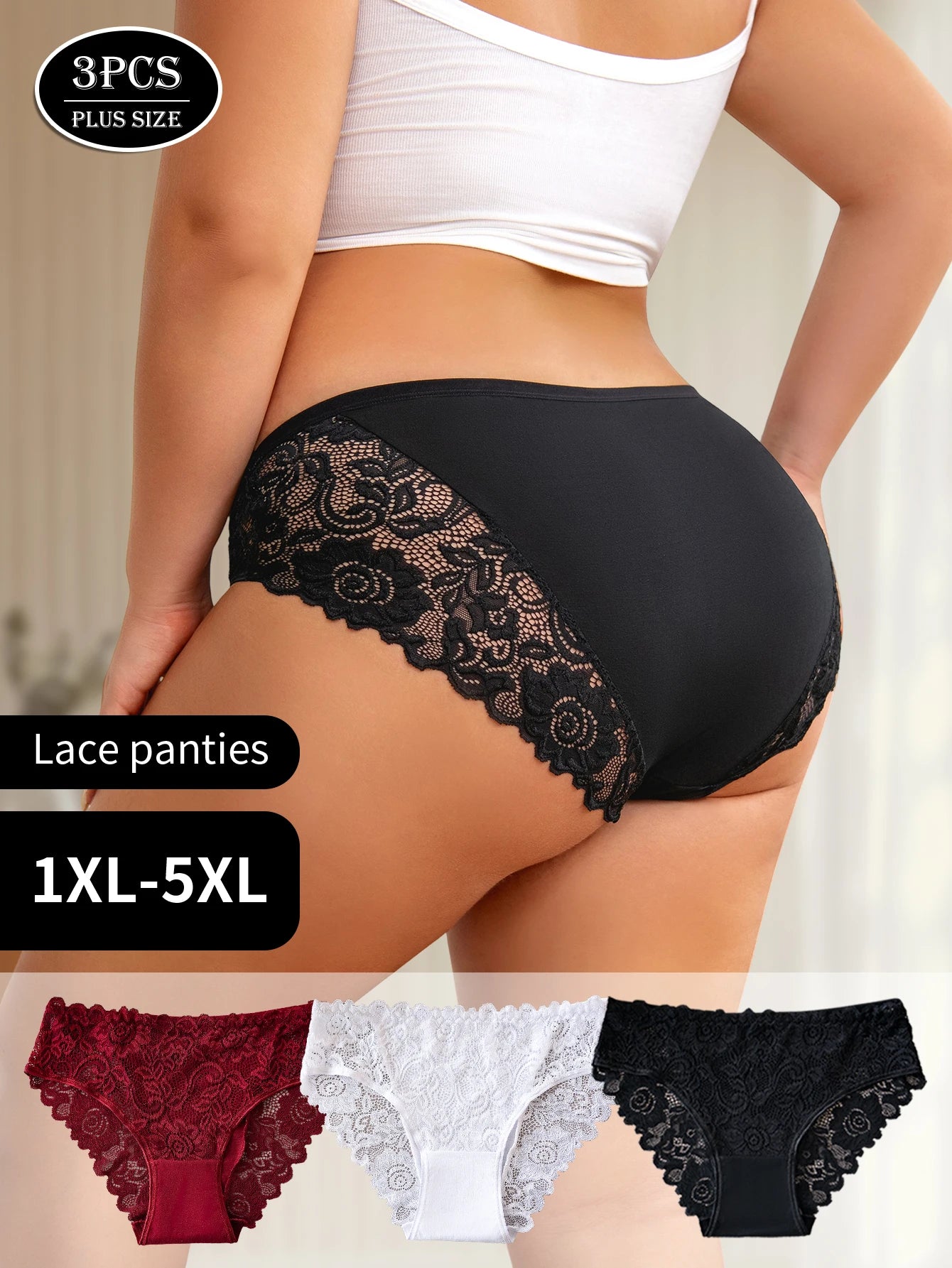 3PCS Plus-Size Women's Underwear Elegant Lace Floral Trimmed Panties Ladies Solid Color Hollow Sexy Briefs Lingerie Hot Sales