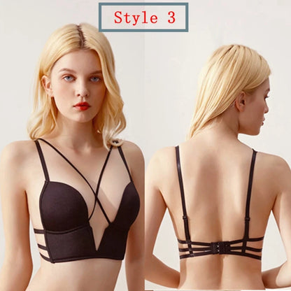 Women Invisible Bra Deep U Plunge Bras Backless Top for Dresses Sexy Lingerie with Transparent Strap Push Up Strapless Underwear