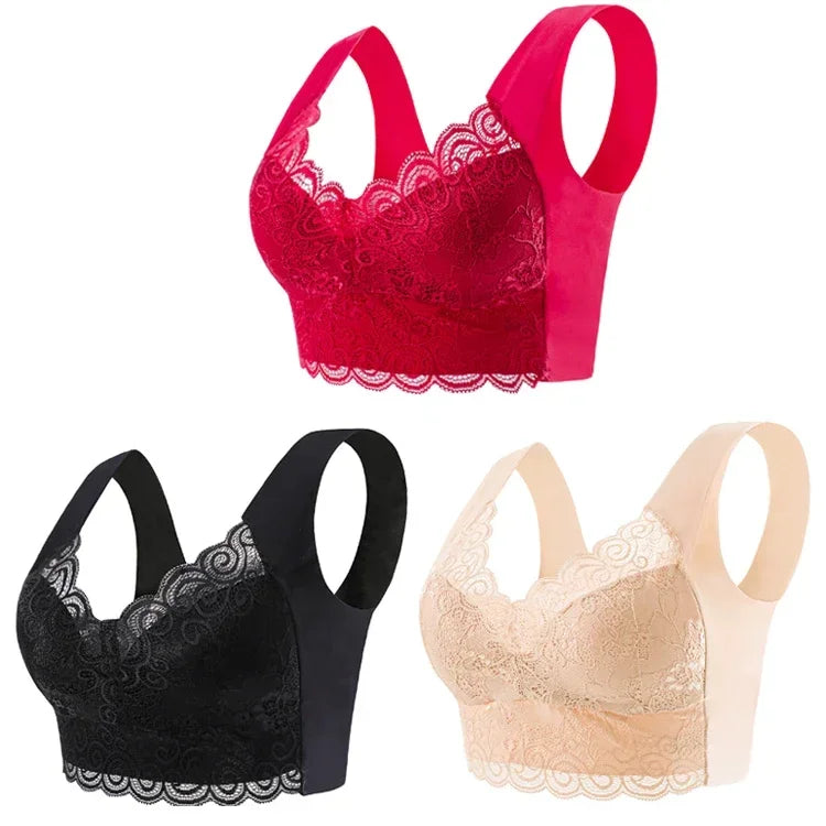 3pcs Ice Silk Seamless Lace Bra Top Support Underwear No Steel Ring Comfortable Large Size Bra Vest Bralette