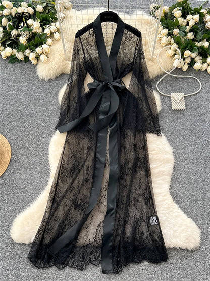 SINGREINY Elegant Sheer Caridigan Long Robes Female Lace Up Solid Long Sleeve Robes Fashion Women Transparent Lace Sensual Robes