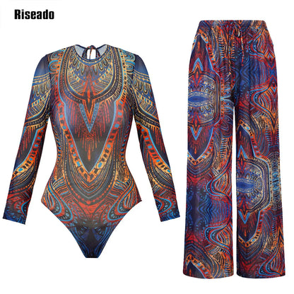 Riseado Mesh Swimsuit with Long Pants & Swimdress Long Sleeve Mesh Beachwear Sexy High Waist Bathing Suit Smart Beach Clothing