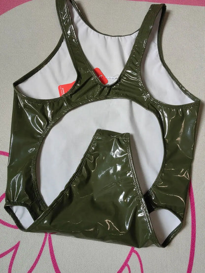 Wet Look PVC Catsuit Swimsuit Backless Shiny PU Leather Bodysuit High Cut Sukumizu Tights Hot Sexy Body Teddies Leotard Swimwear