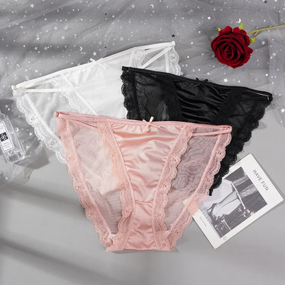 2PCS Mesh Satin Half Pack Panties Women's Ice Silk Low Rise Soft Intimates Breathable Sexy Lace Underpants Light Silky Briefs