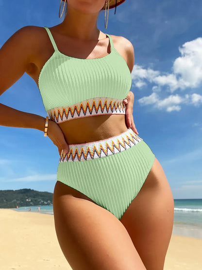 Women High Waisted Bikini Sets Color Block Swimsuits 2 Piece Bathing Suits Tummy Control Sporty Teens