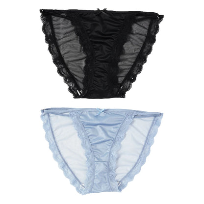2PCS Mesh Satin Half Pack Panties Women's Ice Silk Low Rise Soft Intimates Breathable Sexy Lace Underpants Light Silky Briefs