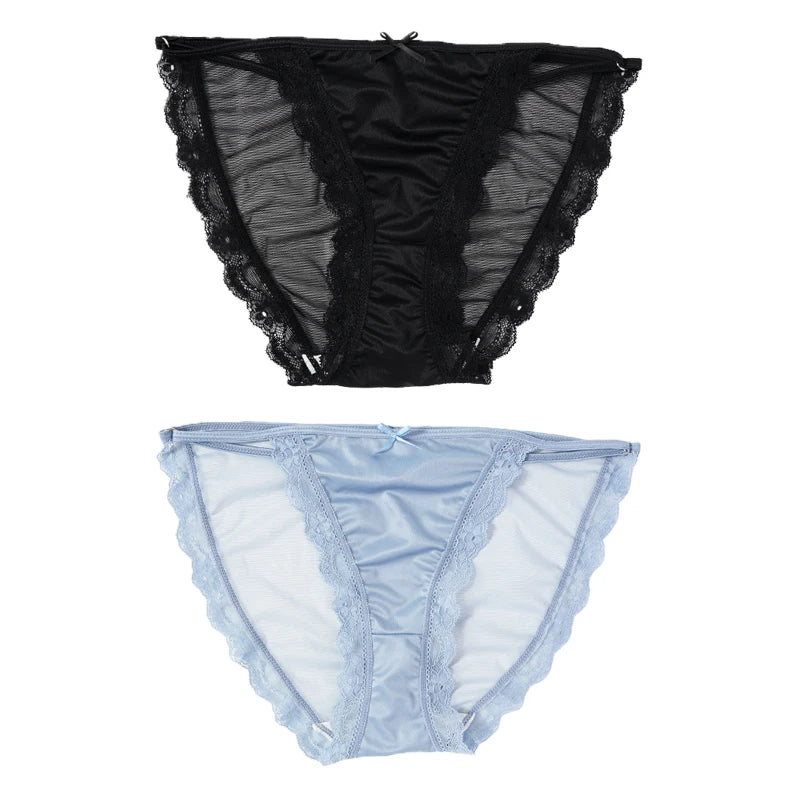 2PCS Mesh Satin Half Pack Panties Women's Ice Silk Low Rise Soft Intimates Breathable Sexy Lace Underpants Light Silky Briefs