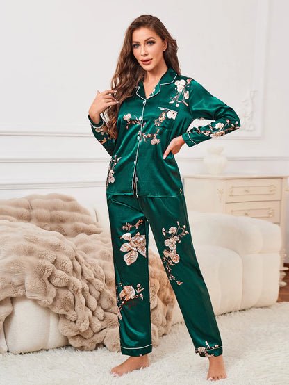 Floral Print Contrast Piping Satin Pajama Set,Women's Sleepwear & Loungewear Button Up Lapel Top & Pants Pj Set