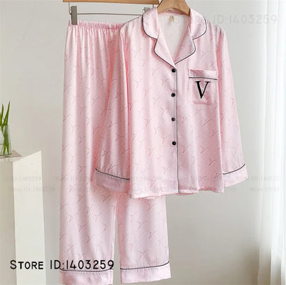 Elegant Silk Satin Women Pajamas Set Lounge Wear Sexy Lingerie Long Sleeve Trouser Pijamas Suit Loose Casual Sleepwear Homewear