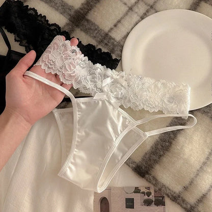 Cross Belt Lace Transparent Sexy Underpants Women's Low Waist Mesh Hollowed Bow Panties Cotton Breathable Briefs Lingerie