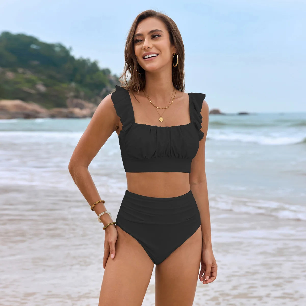Cikini Swim Mod Elegant Ruched Sleeve Bikini Set Solid Color Summer Beach Swimwear Bathing Suit For Women