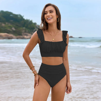 Cikini Swim Mod Elegant Ruched Sleeve Bikini Set Solid Color Summer Beach Swimwear Bathing Suit For Women