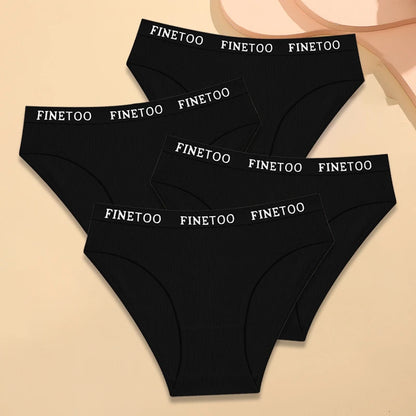 FINETOO 4Pcs Cotton Striped Underwear Women's Panties Letter Belt Briefs Ladies Low Waist Lingerie Solid Breathable Underpants